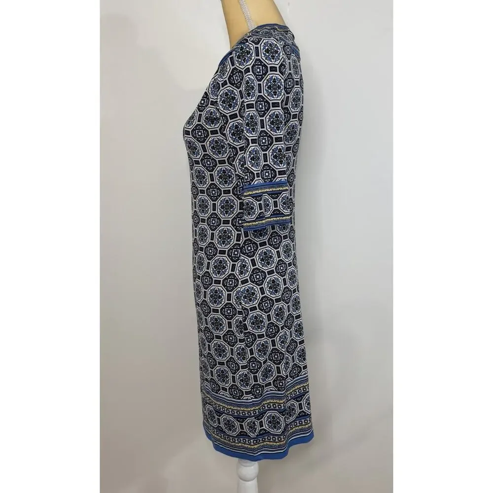 NWT Max Studio Geometric Print Boat Neck Sheath Dress Size S Blue Multi
